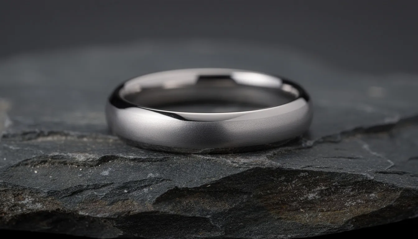 Obrączki tytanowe – nowoczesna alternatywa dla złota 12 Na obrazie widoczna jest elegancka tytanowa obrączka z satynowym wykończeniem, leżąca na ciemnym kamieniu. Jej nowoczesny wygląd i wyjątkowa trwałość sprawiają, że jest idealnym wyborem dla osób ceniących sobie estetykę oraz komfort noszenia biżuterii.