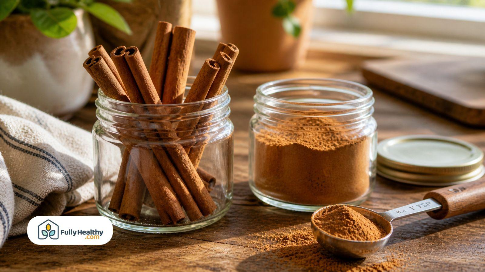 Cinnamon sticks and ground powder in glass jars with measuring spoon