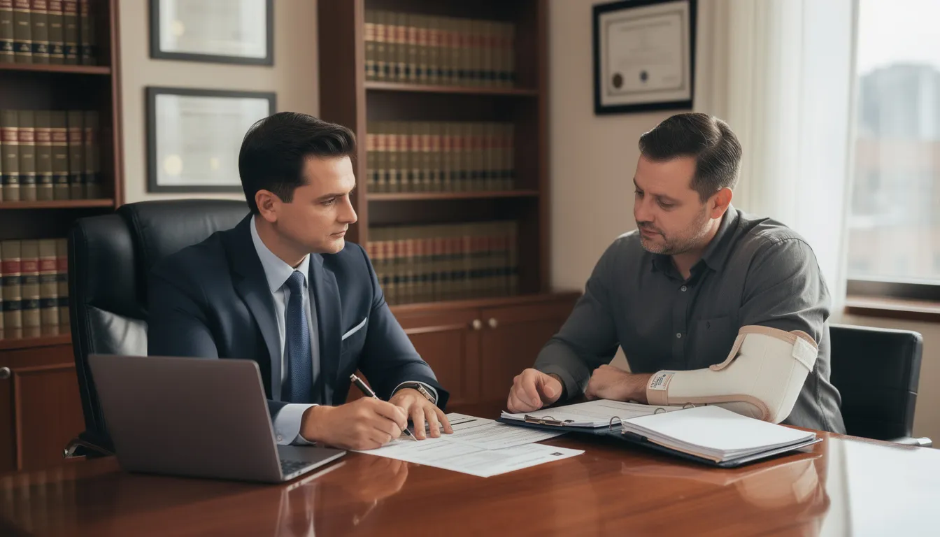 In a professional law office, an attorney is consulting with an injured worker, reviewing workers compensation paperwork related to their personal injury claim. The scene highlights the importance of understanding workers compensation benefits and the legal process for obtaining medical treatment and wage replacement following a workplace injury.