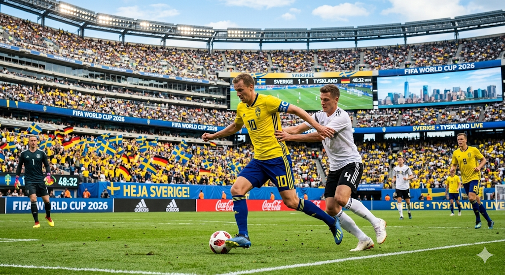 Sverige mot Tyskland i Fotbolls VM 2026 med svenska fans på läktaren under match i världsmästerskapet i fotboll