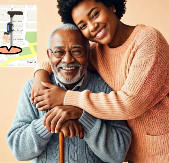 Father with cane smiling while daughter hugs him