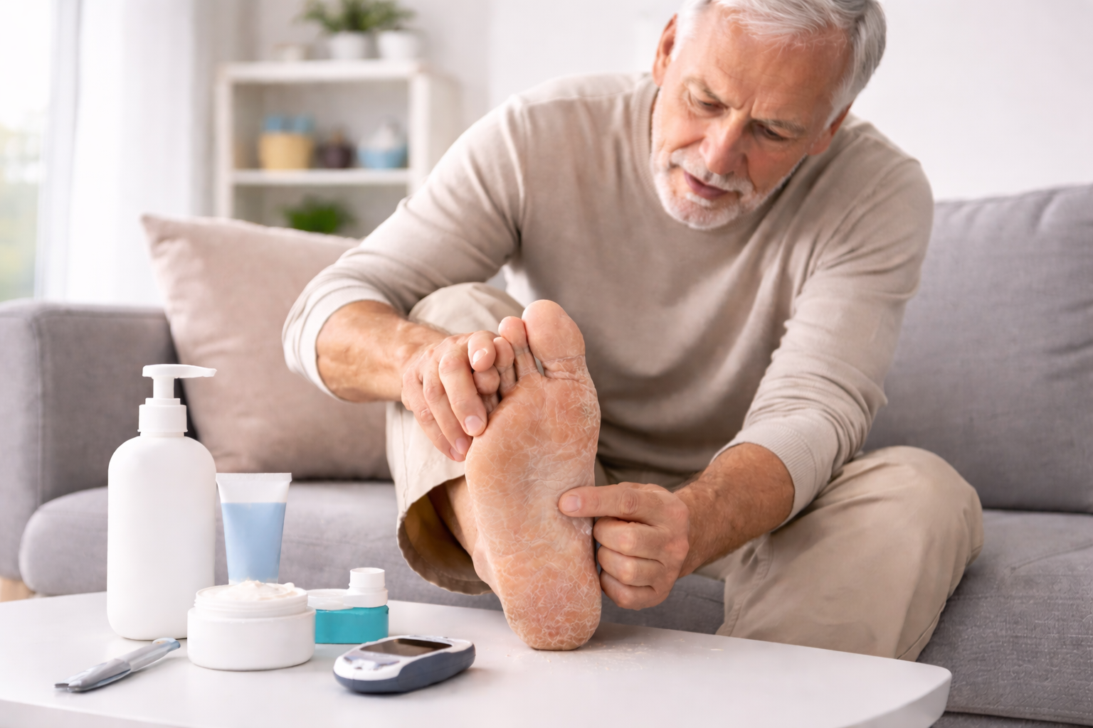 Older adult checking dry cracked feet at home due to diabetic skin changes