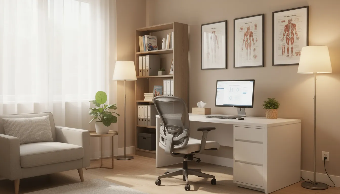 The image depicts a welcoming medical office consultation room, featuring comfortable seating designed to create a soothing environment for neuropathic pain patients. The space is arranged to facilitate discussions about pain management and treatment options for conditions affecting the central nervous system, such as chronic neuropathic pain and peripheral neuropathy.