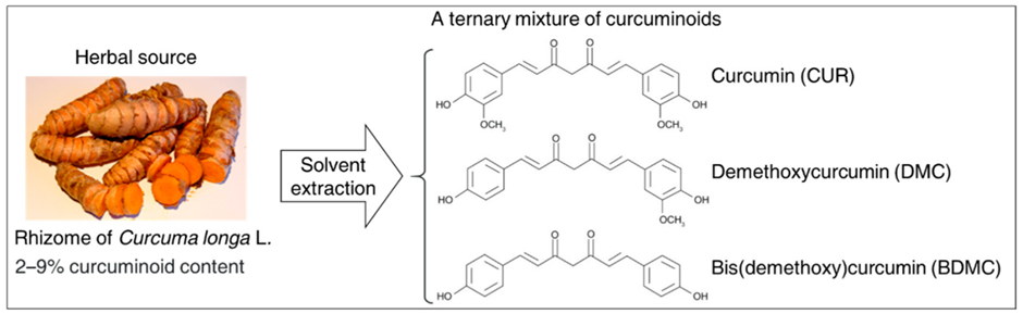 Figure 5: Image showing the mixture of curcuminoids present in Curcma longa. | Available from: https://doi.org/10.3390/cryst10030206