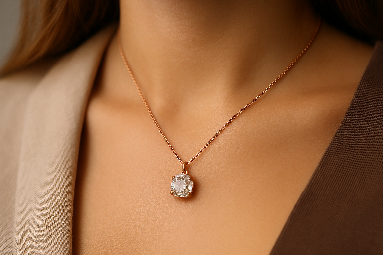 Rožinio aukso pakabukas su Old Mine formos deimantu ant moters kaklo