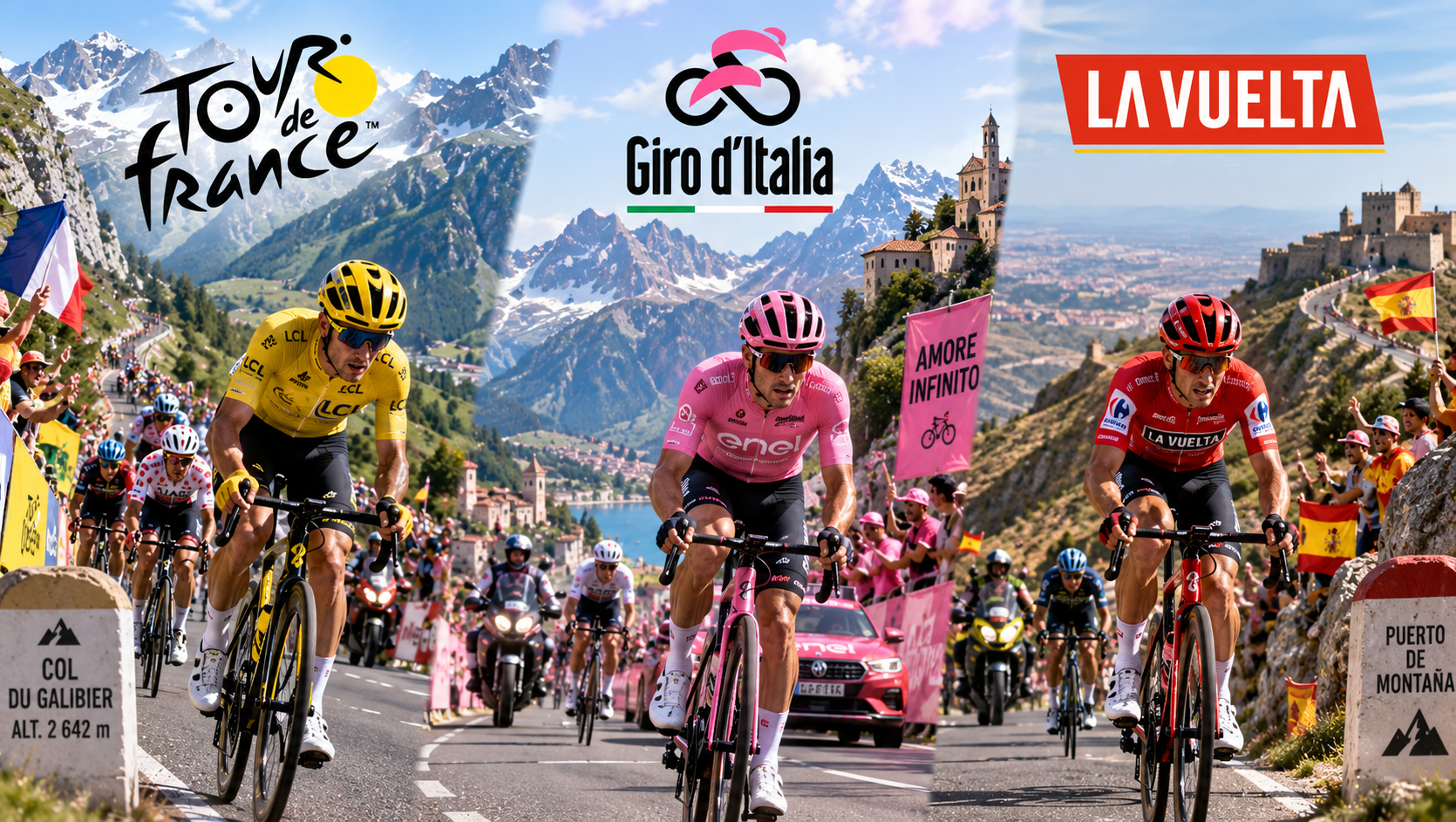 Tour de France, Giro d’Italia en Vuelta a España als belangrijkste grote rondes in het wielrennen.