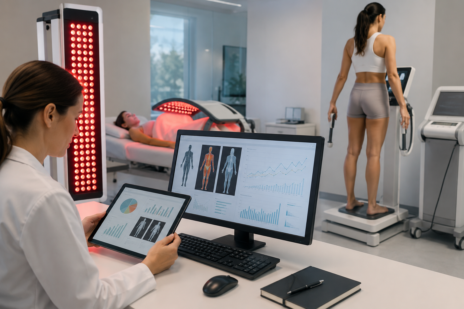 Red light therapy for fat loss in a clinical setting, featuring treatment devices and body composition monitoring.