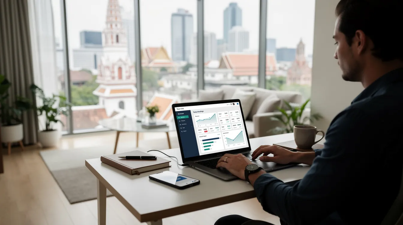 A person is seated at a sleek desk in a modern apartment, using a laptop and smartphone to manage their finances, possibly through the Bank Alfalah Roshan digital account. The workspace reflects a contemporary lifestyle, emphasizing the ease of handling financial tasks from overseas.