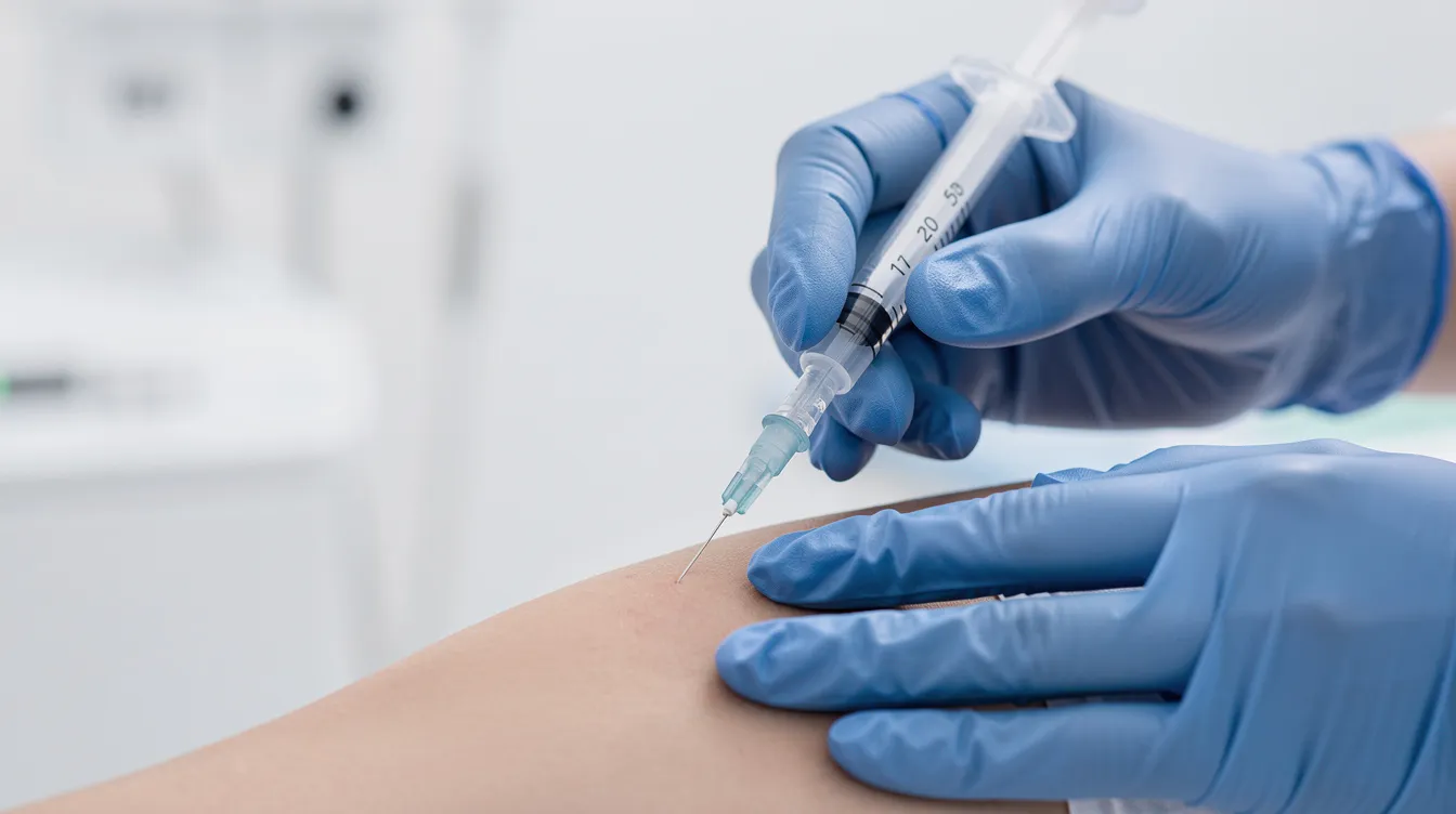 The image shows a close-up of gloved hands performing a precise injection of Sculptra in a sterile clinical environment, targeting the buttock area to stimulate collagen production for a natural-looking butt lift. This increasingly popular cosmetic procedure aims to enhance skin quality and body contouring while minimizing risks associated with surgical options.