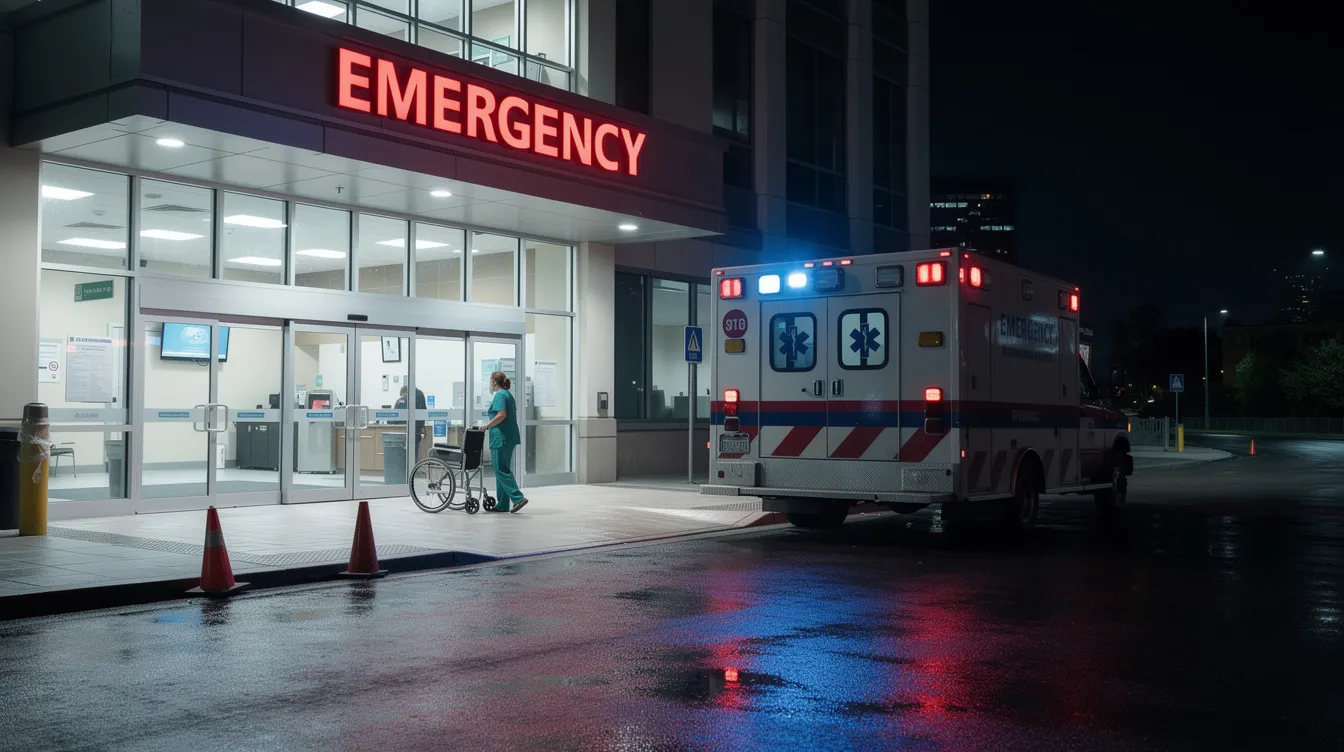 The image shows the entrance of an emergency room at a hospital, with an ambulance parked outside, indicating a focus on urgent medical assistance. This setting may be relevant for individuals dealing with personal injury cases and seeking legal help from a law firm for their medical bills and legal matters.