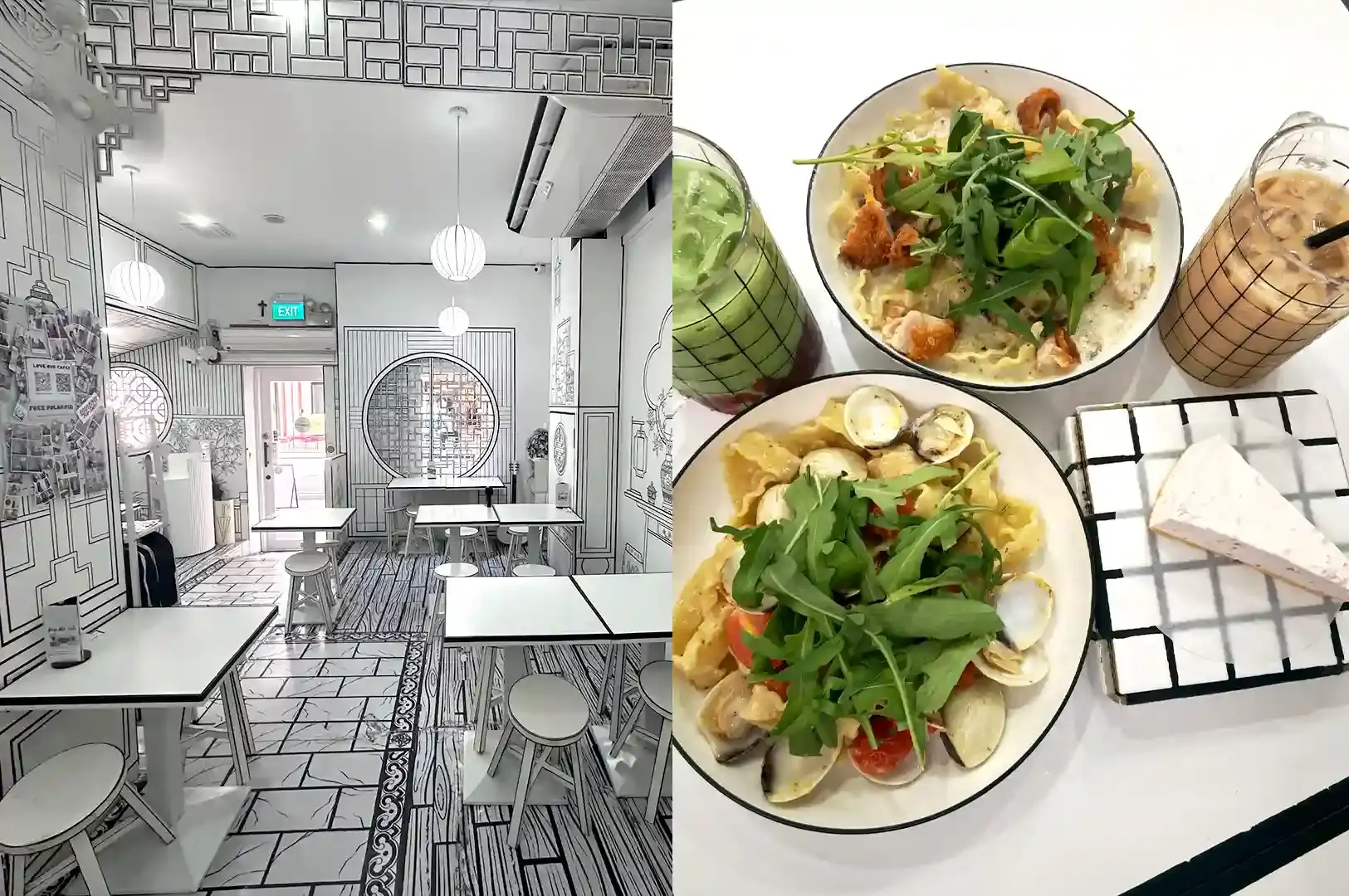 Cafe Monochrome 2D comic-style interior with white walls, black sketch lines, and signature pasta and beverages in Singapore.