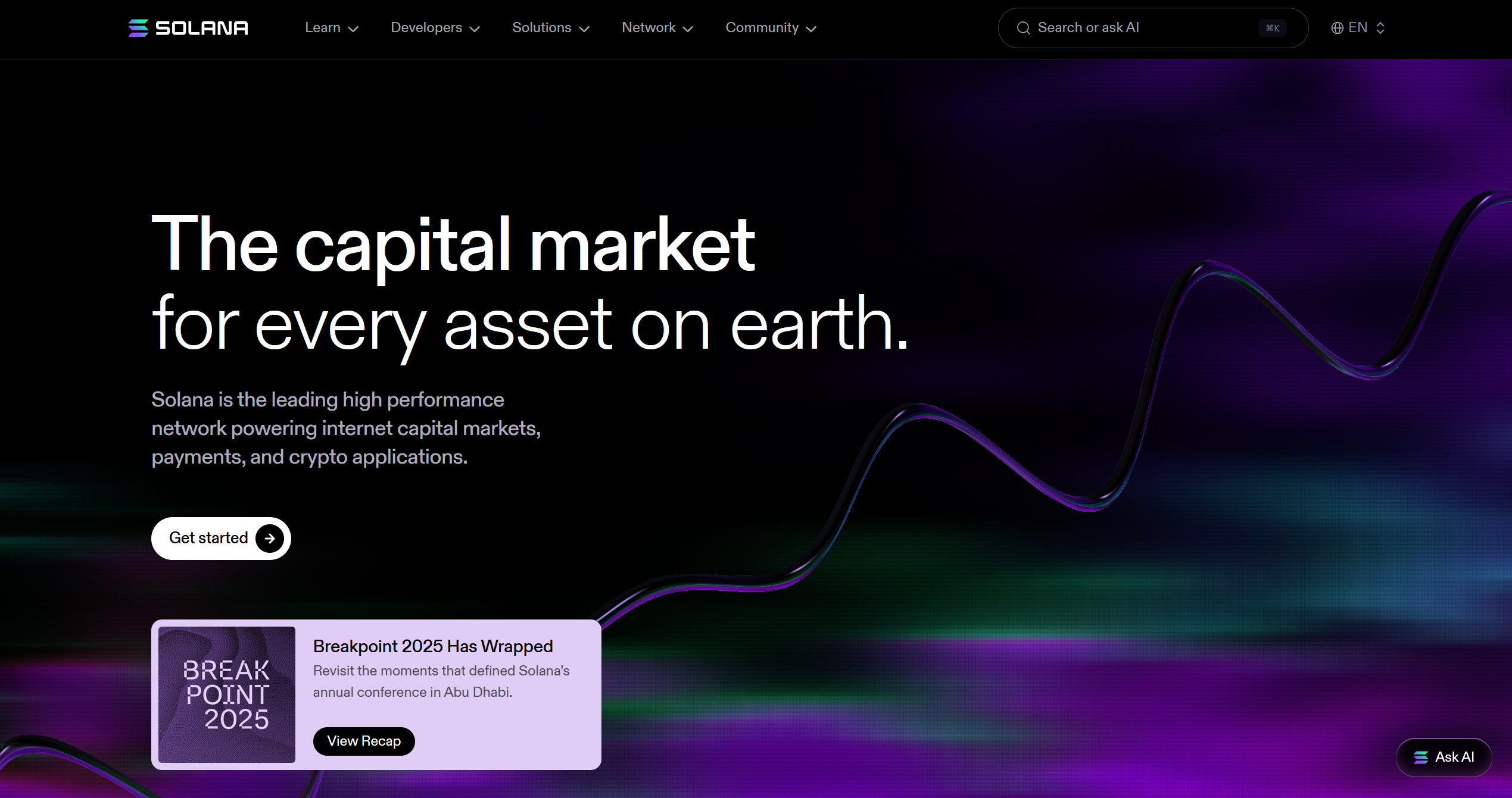 Solana homepage showing fast transaction speeds and low fees