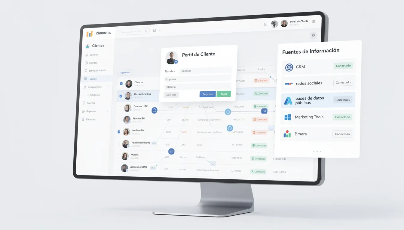 La imagen muestra una interfaz de software que ilustra el enriquecimiento automático de datos de clientes, integrando información de múltiples fuentes como redes sociales y correos electrónicos. Esta herramienta, diseñada para empresas y equipos de ventas, optimiza el proceso de gestión de datos y mejora la atención a los usuarios.