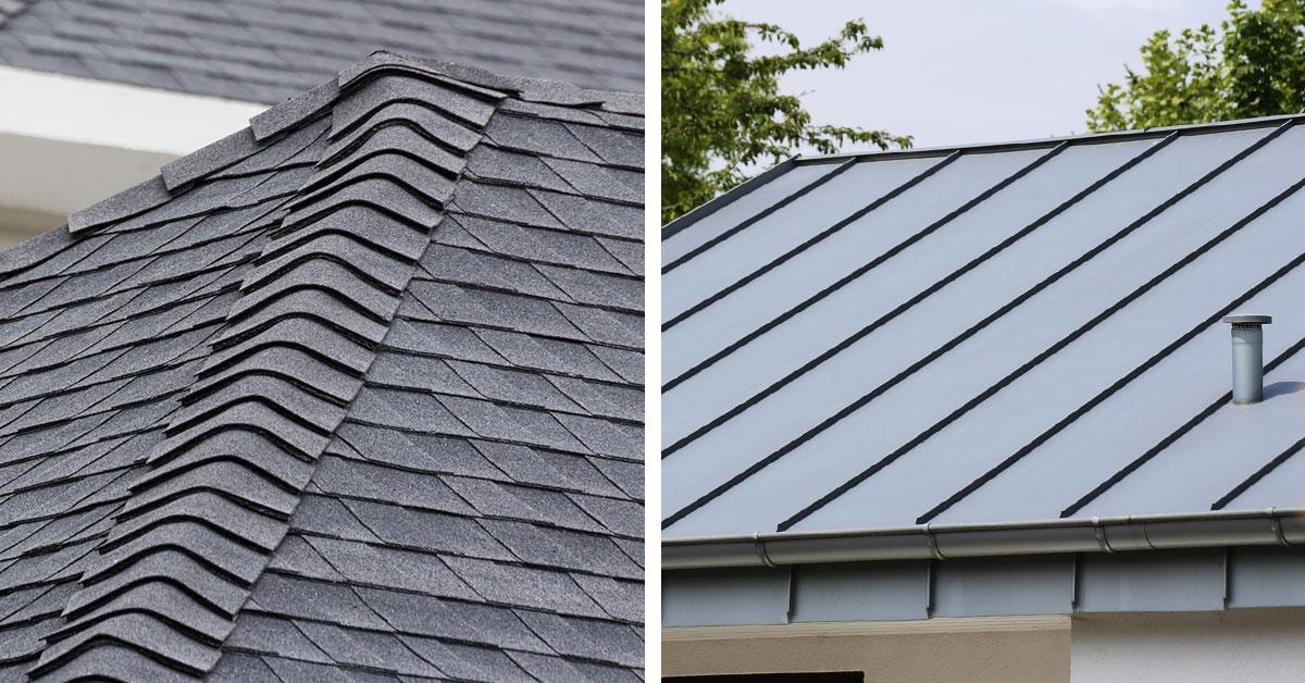 A close-up picture of two different roofs showcasing metal versus asphalt shingles.