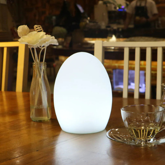 Modern egg-shaped LED table lamp glowing softly on a wooden dining table with glass teacup and flower vase decor.