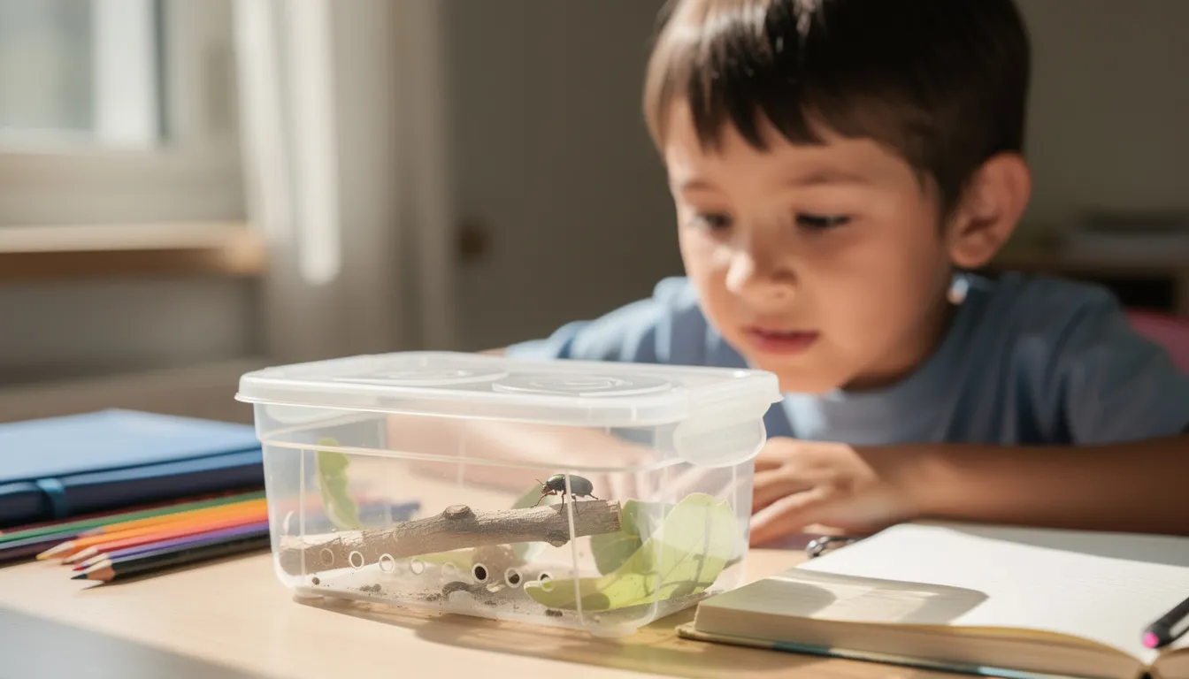 A child is safely observing a beetle inside a clear, ventilated plastic container placed on a desk, showcasing their interest in pet invertebrates. The scene captures the child's curiosity while ensuring the beetle's well-being in a suitable environment.