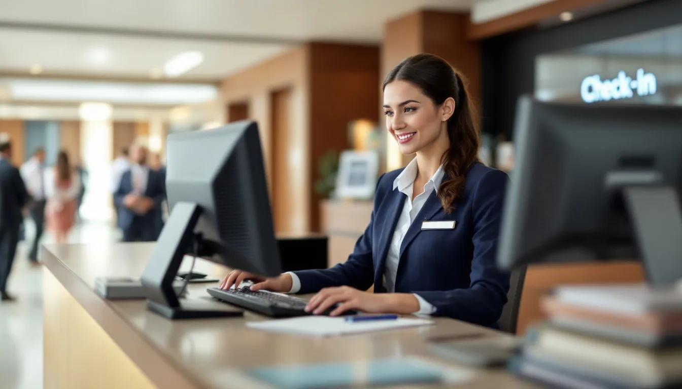 The image shows front desk staff at a hotel engaged with modern property management systems, efficiently managing guest folios and handling financial transactions related to room charges, spa treatments, and other hotel services to ensure guest satisfaction during their stay. The staff is focused on maintaining accurate records of each guest's charges and payments, contributing to a seamless guest journey.