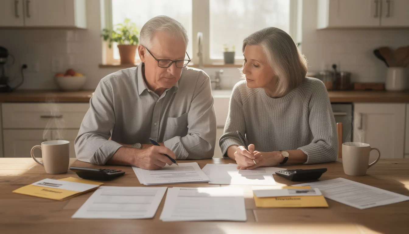 A retired couple sits together at a kitchen table, reviewing financial paperwork related to their retirement accounts. They appear focused as they discuss important topics like required minimum distributions (RMDs) and annuity payments, ensuring they understand their options for a secure income stream in retirement.