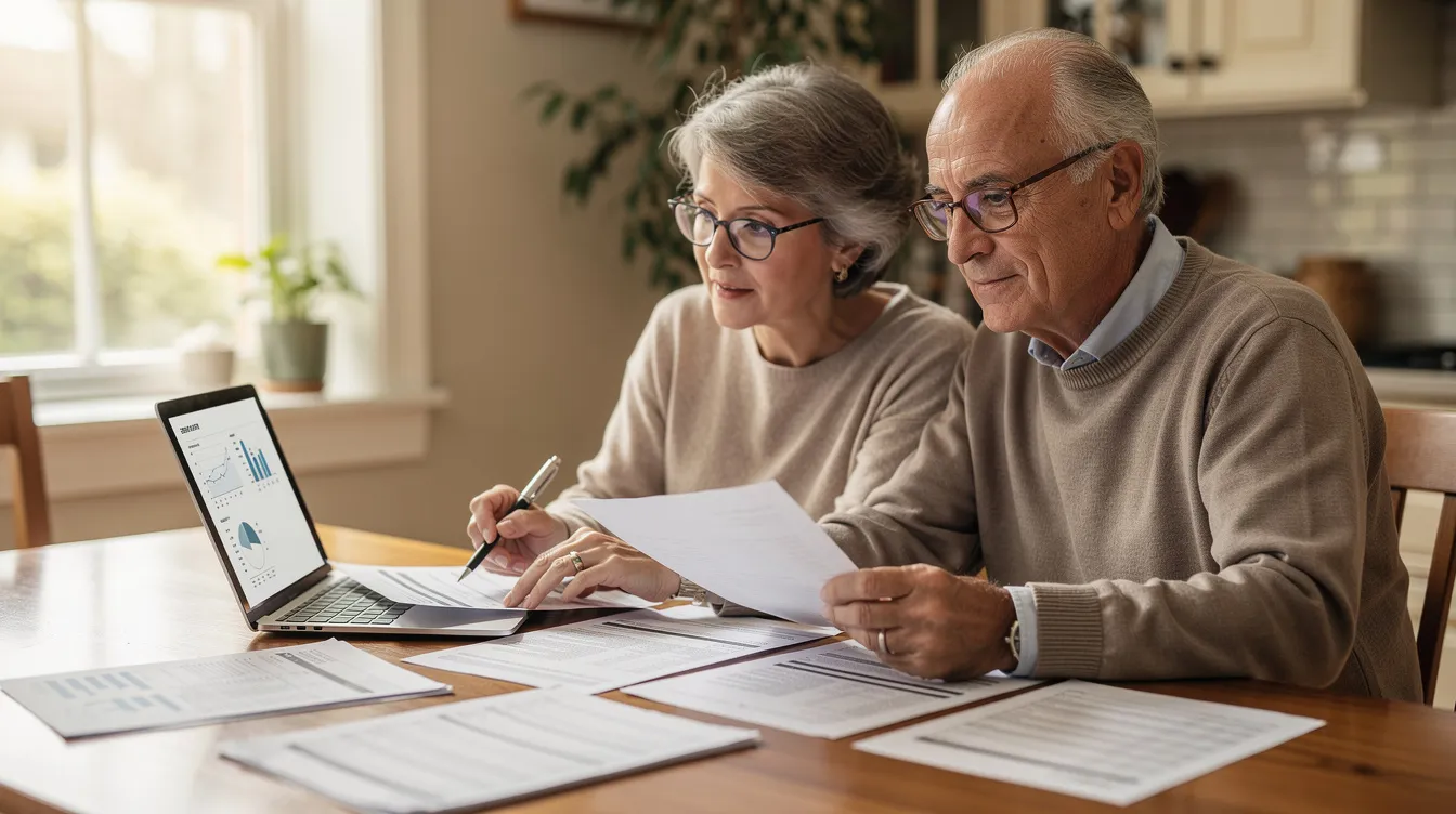 An elderly couple sits at a table, closely examining financial documents related to their retirement portfolio, which may include options like a gold IRA or traditional IRA. The atmosphere is focused and collaborative, reflecting their joint effort to make informed decisions about their future investments in precious metals.