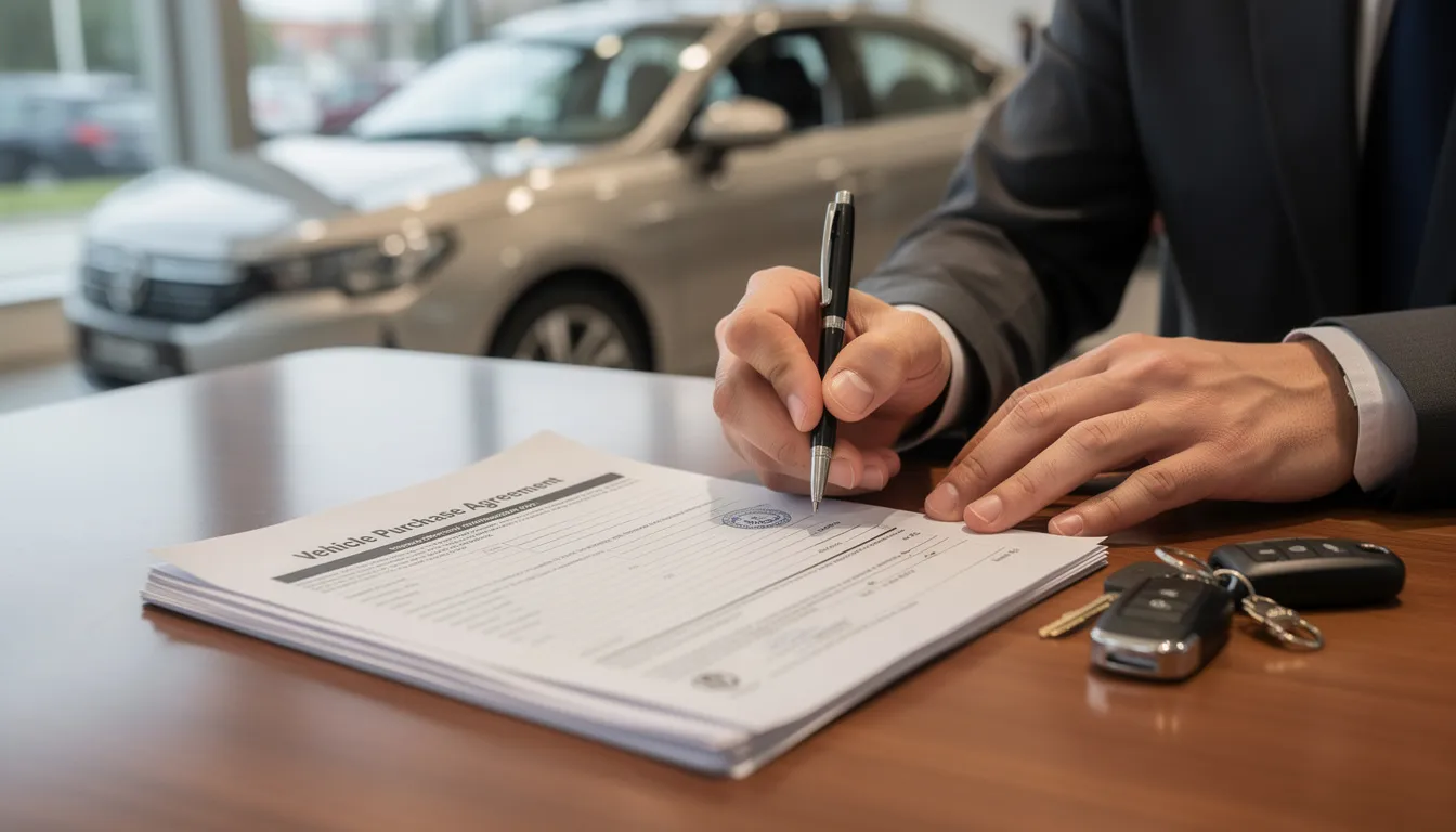 A person is seated at a table, signing car purchase documents, which include necessary paperwork for the sale of a vehicle. The scene highlights the importance of thorough research on vehicle history and inspection reports, essential steps when buying a car, especially for used vehicles from private sellers.