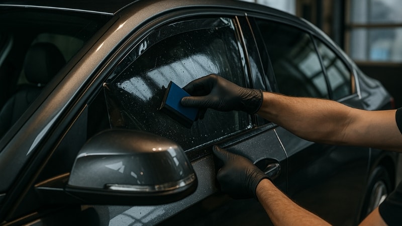 A professional is carefully installin gthe window tint film