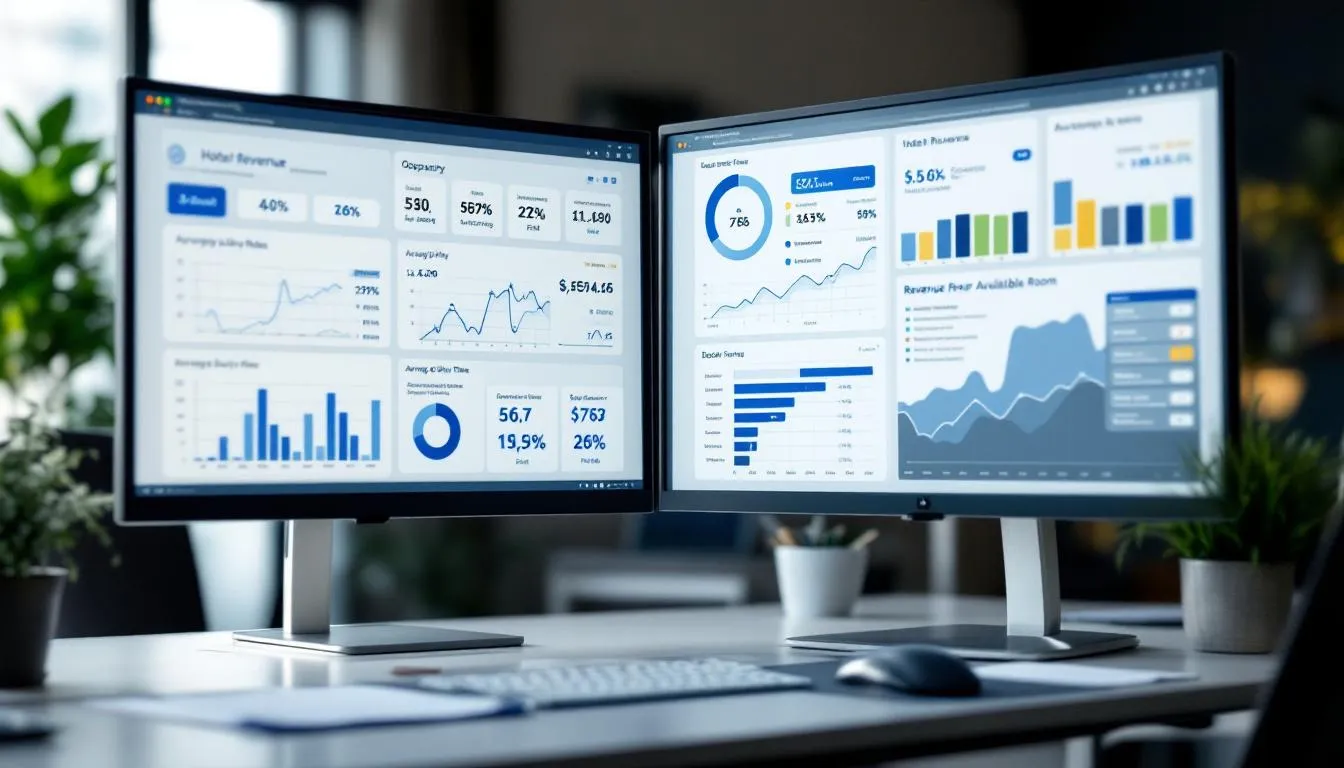 The image depicts a hotel revenue dashboard displayed on multiple computer screens, showcasing various analytics and performance metrics essential for understanding different market segments in the hospitality industry. This dashboard provides valuable data for hotel managers to enhance marketing strategies and maximize revenue from specific target market segments, including business travelers and leisure guests.
