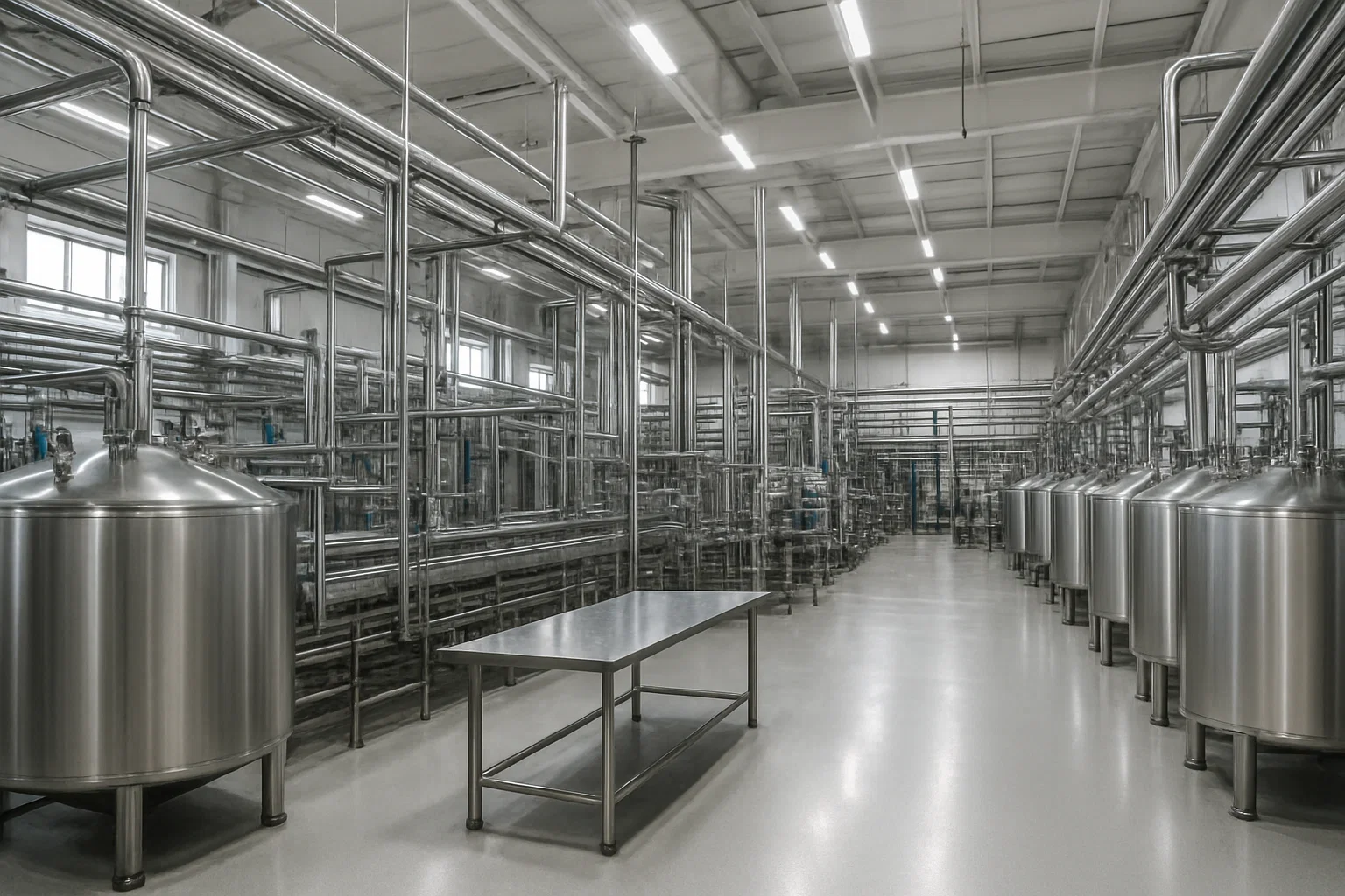 Interior of a stainless steel-equipped food production facility.