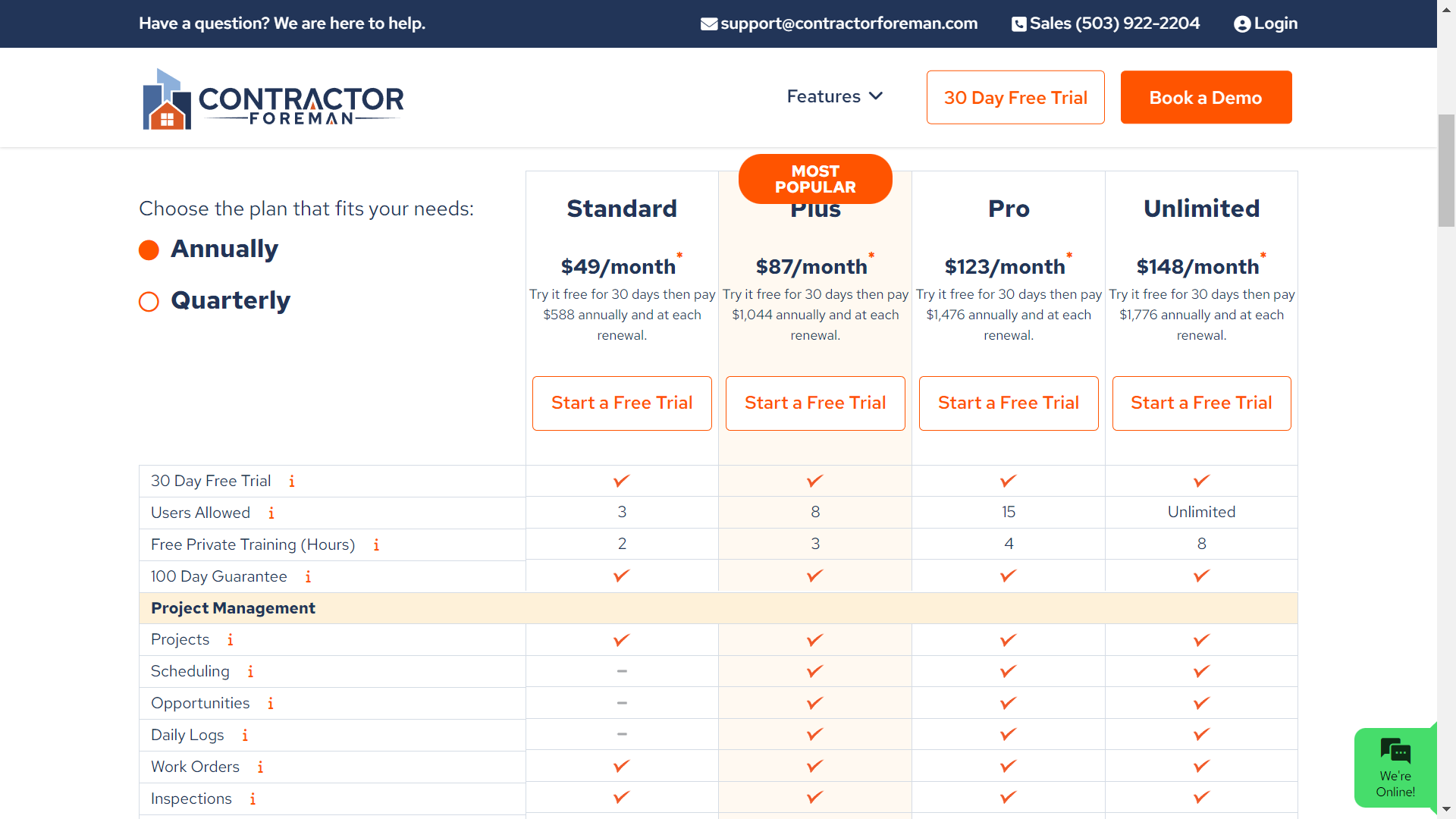 Contractor Foreman pricing page for 2023