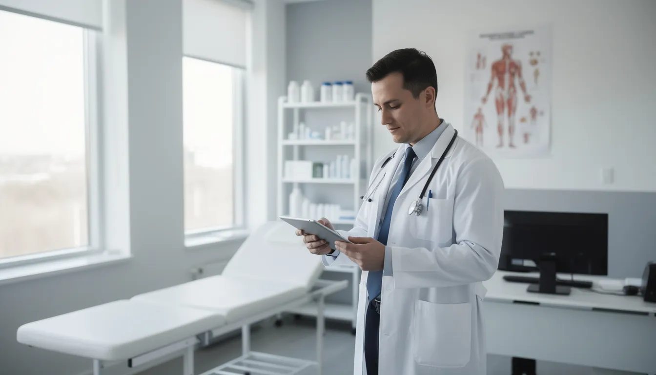 Un médico profesional está utilizando una tableta en una oficina médica moderna, revisando información y documentos de pacientes. La escena refleja la digitalización y modernización en la gestión de fichas y expedientes médicos en el centro de salud.