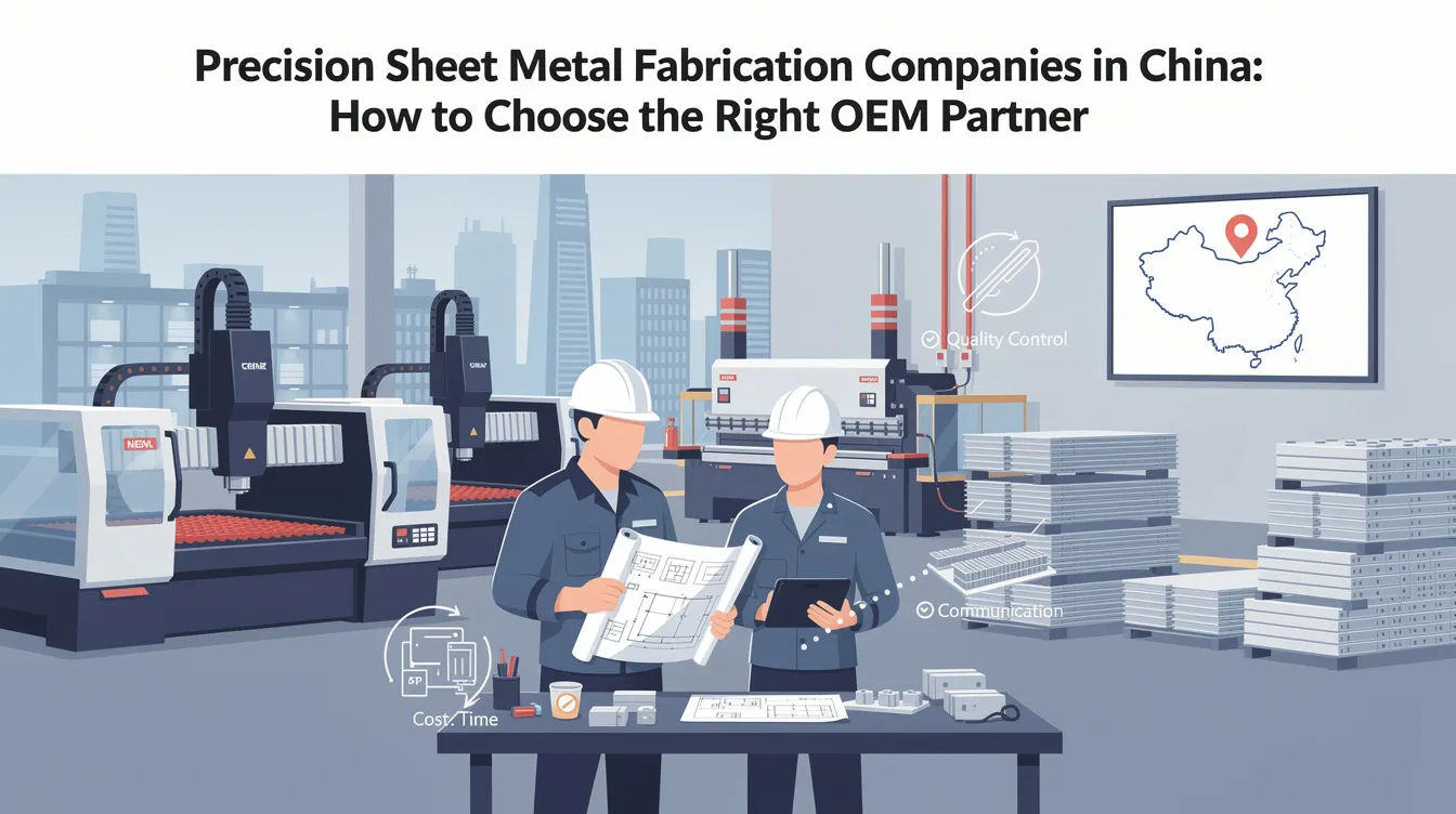The image illustrates a modern factory setting showcasing precision sheet metal fabrication processes in China, highlighting various machinery such as CNC machines and laser cutting tools used for producing custom sheet metal parts. The environment emphasizes stringent quality control measures and advanced technology employed by sheet metal fabrication companies to deliver high precision and durable metal components.
