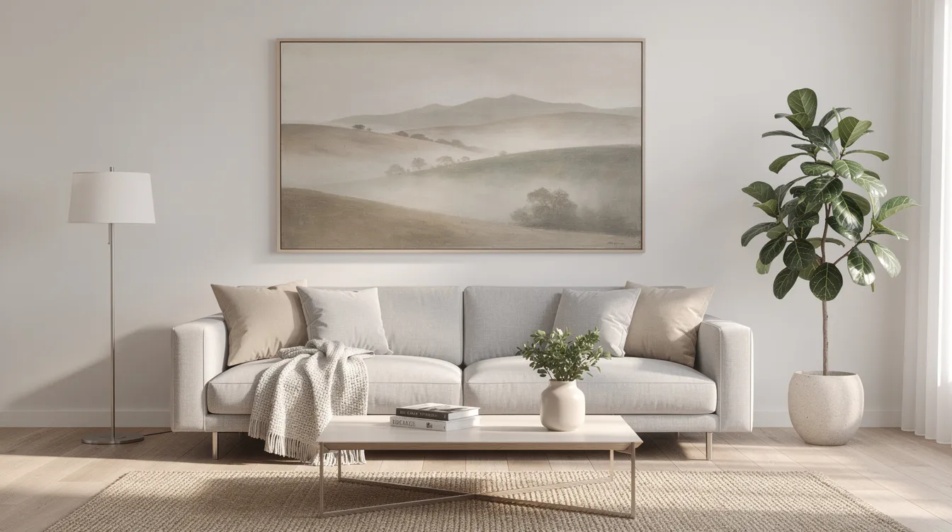 A serene living room features a contemporary sofa with neutral landscape wall art hung above it, creating a focal point that enhances the space's sophistication. This carefully curated arrangement showcases the beauty of art while complementing the overall interior design, making it an inspiring example for interior designers.