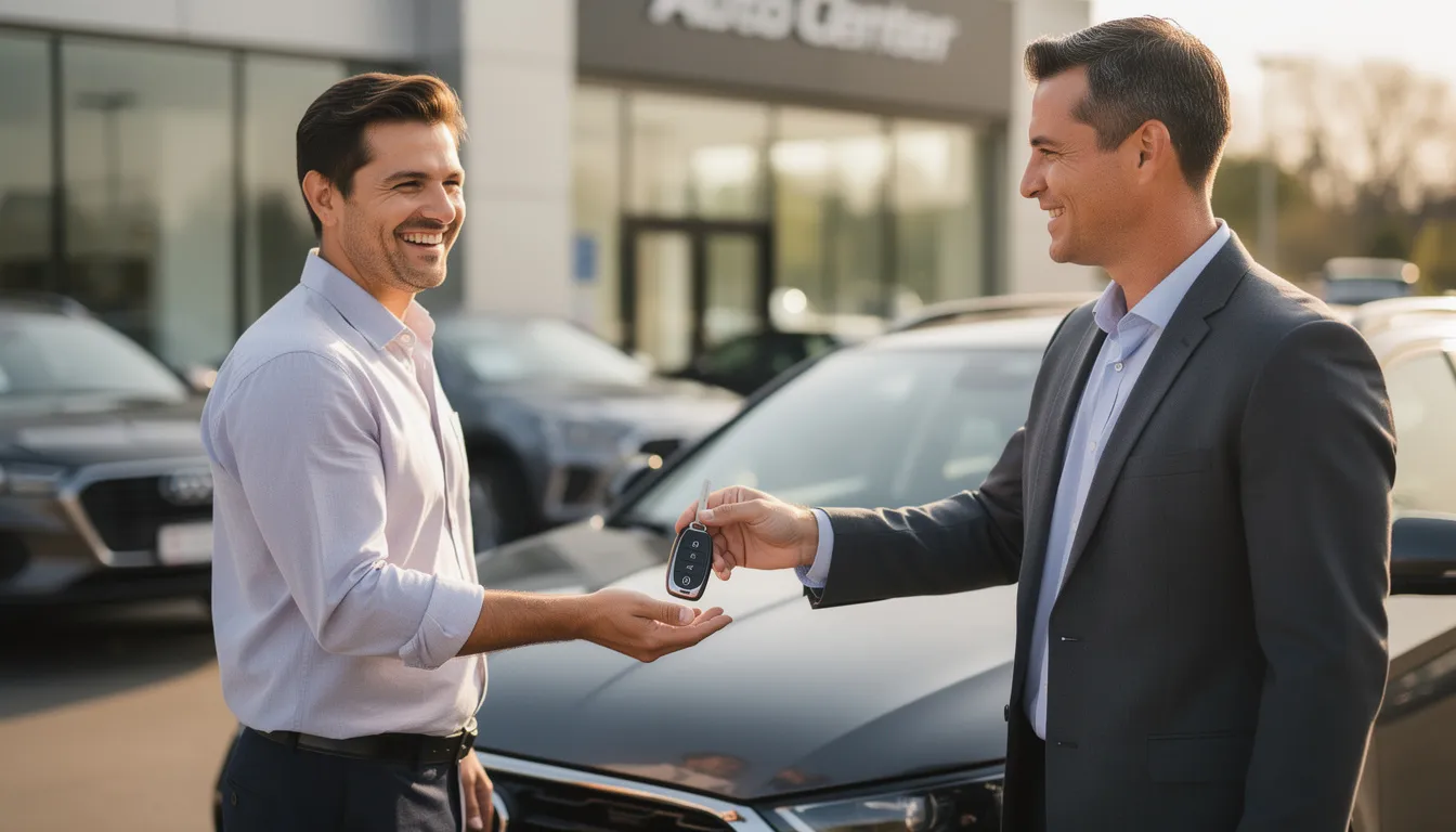 The image depicts a joyful buyer receiving car keys from a seller, symbolizing the successful transaction of a motor vehicle. This moment highlights the importance of securing interests in personal property, such as cars, through proper registration on the personal property securities register (PPSR) to protect against any financial risks.