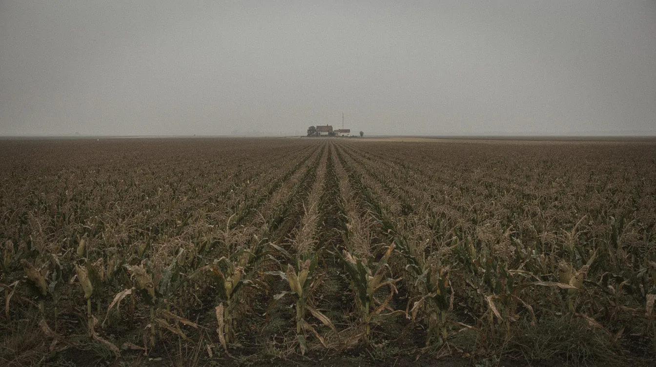 Das Bild zeigt ein weites Maisfeld unter einem grauen, staubigen Himmel, in der Ferne ist ein einzelnes Farmhaus zu sehen. Diese Szenerie erinnert an die ruhigen, ländlichen Landschaften, die oft in Science-Fiction-Filmen wie "Interstellar" vorkommen, wo die Menschheit auf der Suche nach neuen Lebensräumen ist.