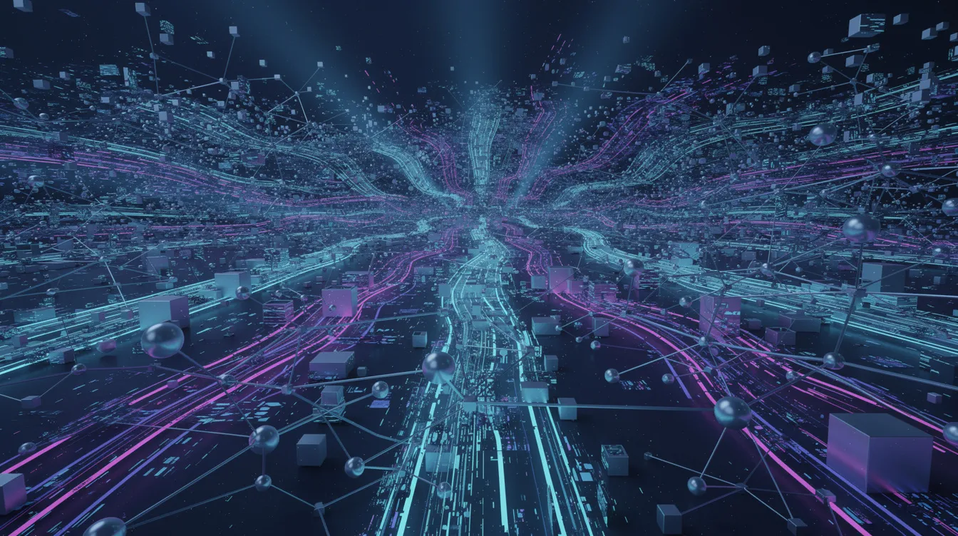 The image depicts abstract digital data streams flowing through a network of interconnected nodes, symbolizing the complex interplay between artificial intelligence and human creativity in marketing. This visual representation highlights the importance of human insight and emotional intelligence in crafting effective marketing strategies, even as AI tools excel in data analysis and optimizing campaigns.