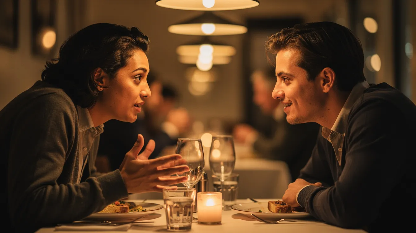 Two people are seated at a restaurant, leaning in closely as they engage in a meaningful conversation, showcasing the importance of relationship compatibility and building healthy relationships in the world of online dating. Their focused expressions suggest they are discussing shared interests, potentially exploring the idea of finding true love through dating platforms.