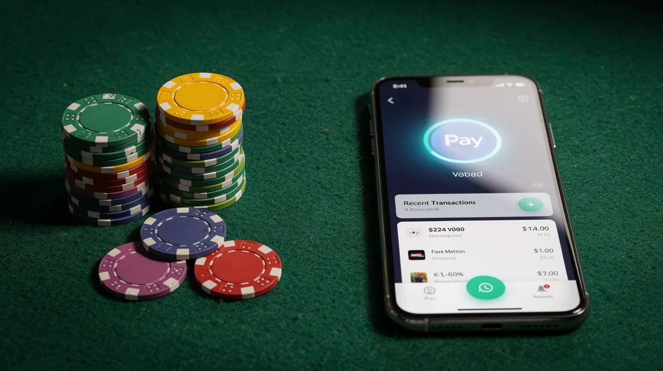 A smartphone displays a digital payment app, showcasing options for making transactions, placed beside a stack of colorful casino chips on a green felt table, highlighting the integration of online gambling and payment methods like PayPal at non Gamstop casinos.