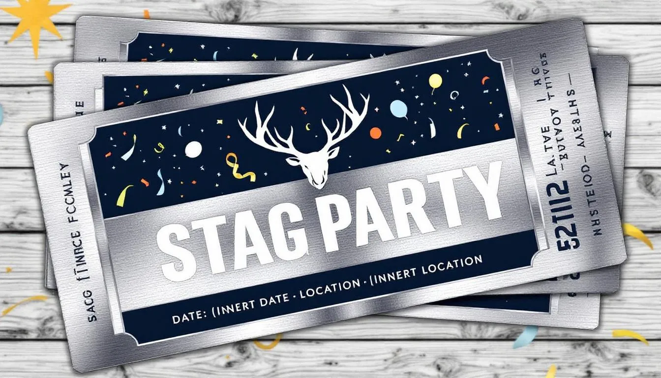 The image features a collection of custom designed stag party tickets, showcasing various creative layouts and vibrant party themes. Each ticket is uniquely designed to represent different aspects of the event, such as bars and group activities, inviting people to join a memorable night out.