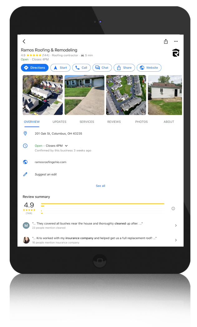 Image of an iPad displaying a roofing contractors Google Business Profile and reviews from customers.