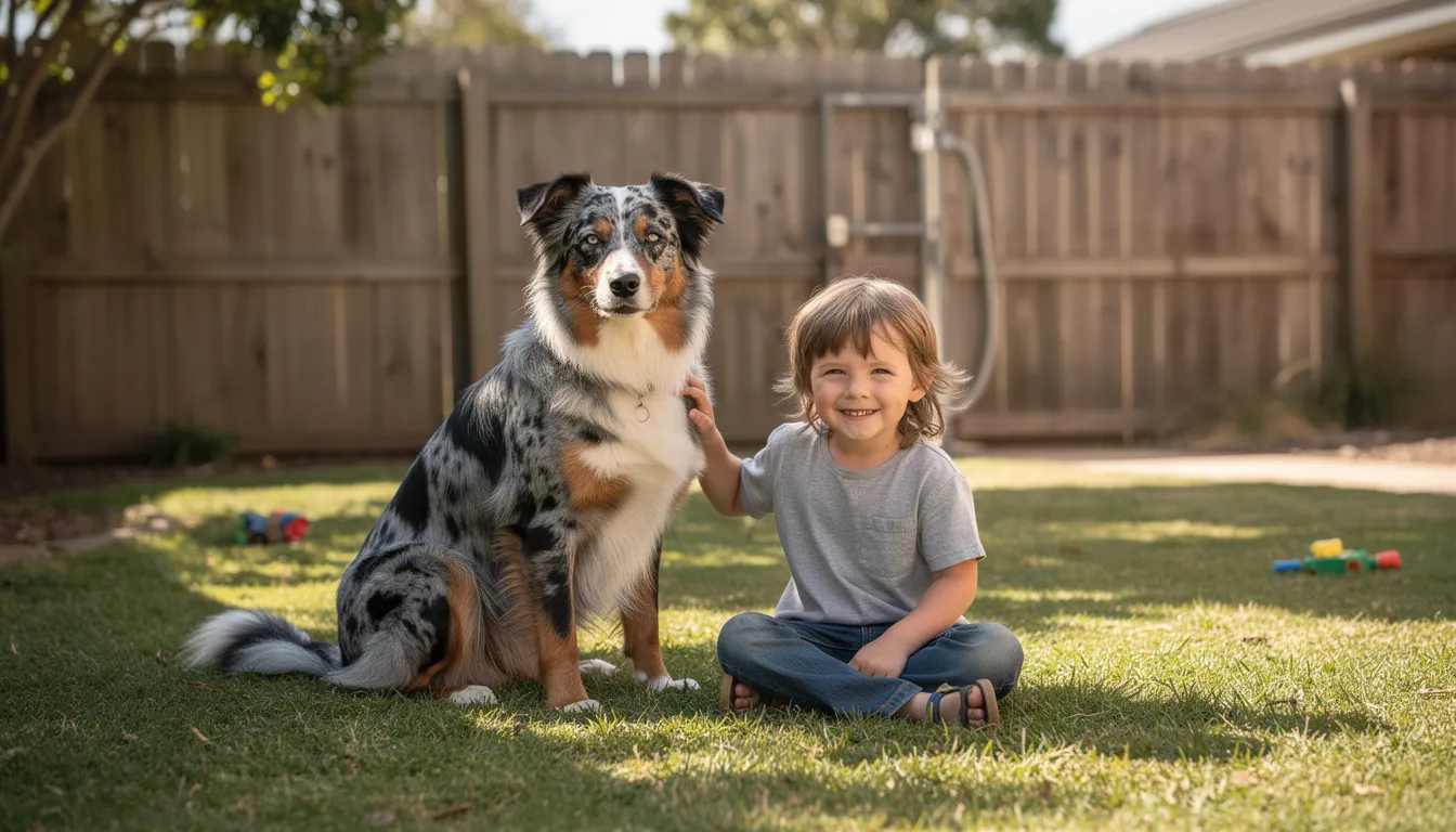 A koolie, a medium-sized Australian cattle dog known for its herding instincts, sits happily next to a young child in a gated backyard, enjoying the sunny day together. The child appears playful and engaged, highlighting the strong bond often seen between pets and their human companions.