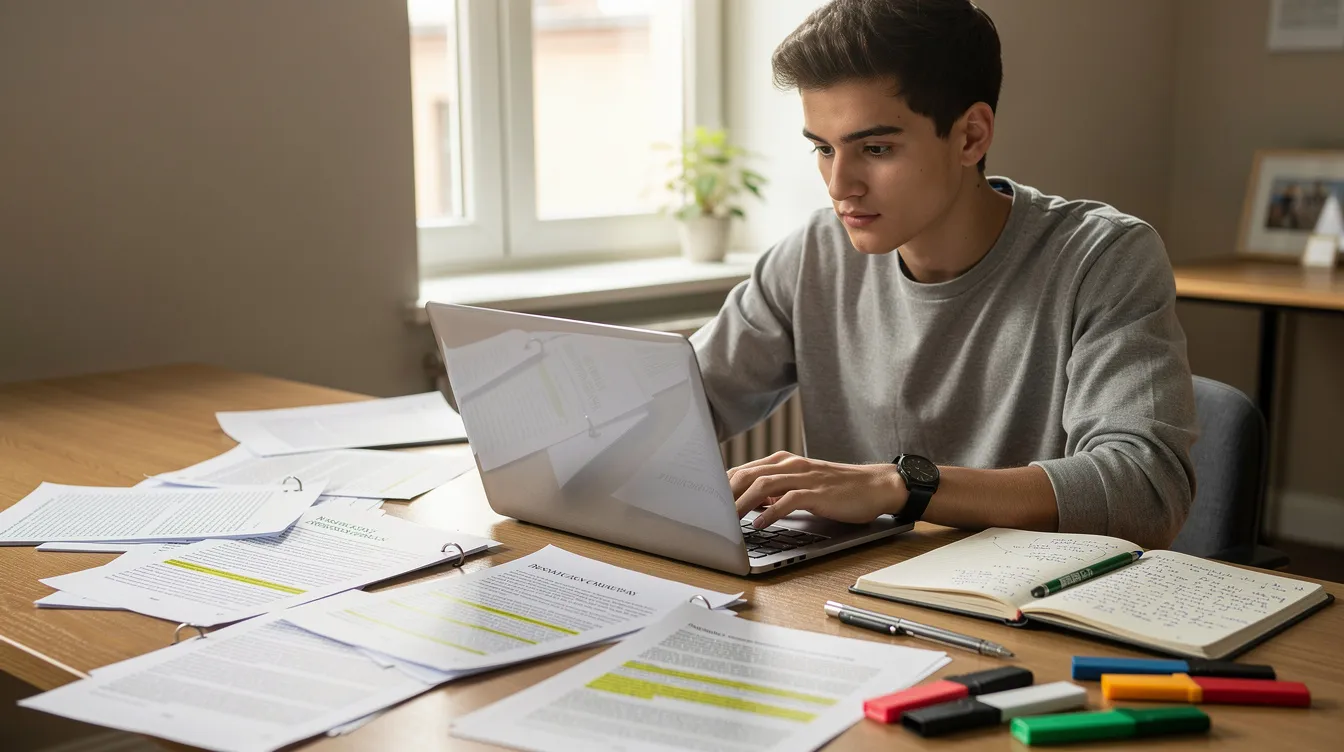 Ein Student arbeitet konzentriert an seinem Laptop, umgeben von akademischen Arbeiten und Notizen auf dem Schreibtisch. Die Szene vermittelt den Eindruck von Fleiß und Engagement für seine Bachelorarbeit oder Masterarbeit, während er sich mit Fragen zu Grammatik und Formatierung beschäftigt.