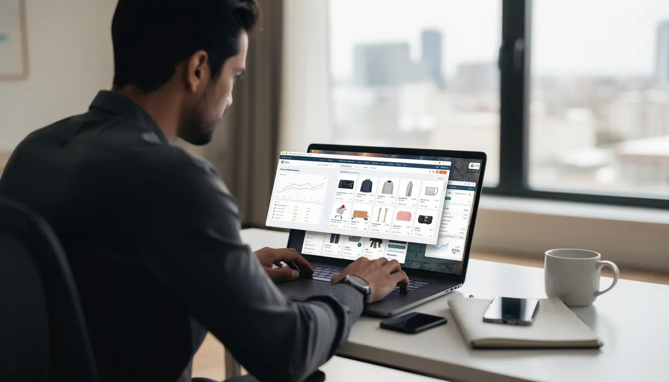 Un emprendedor trabaja en su laptop, con múltiples pestañas del navegador abiertas que muestran diversas plataformas de comercio electrónico. En la pantalla se pueden ver opciones para aceptar pagos, incluyendo Stripe, y recursos sobre cómo abrir una cuenta bancaria en EE. UU. para su negocio.