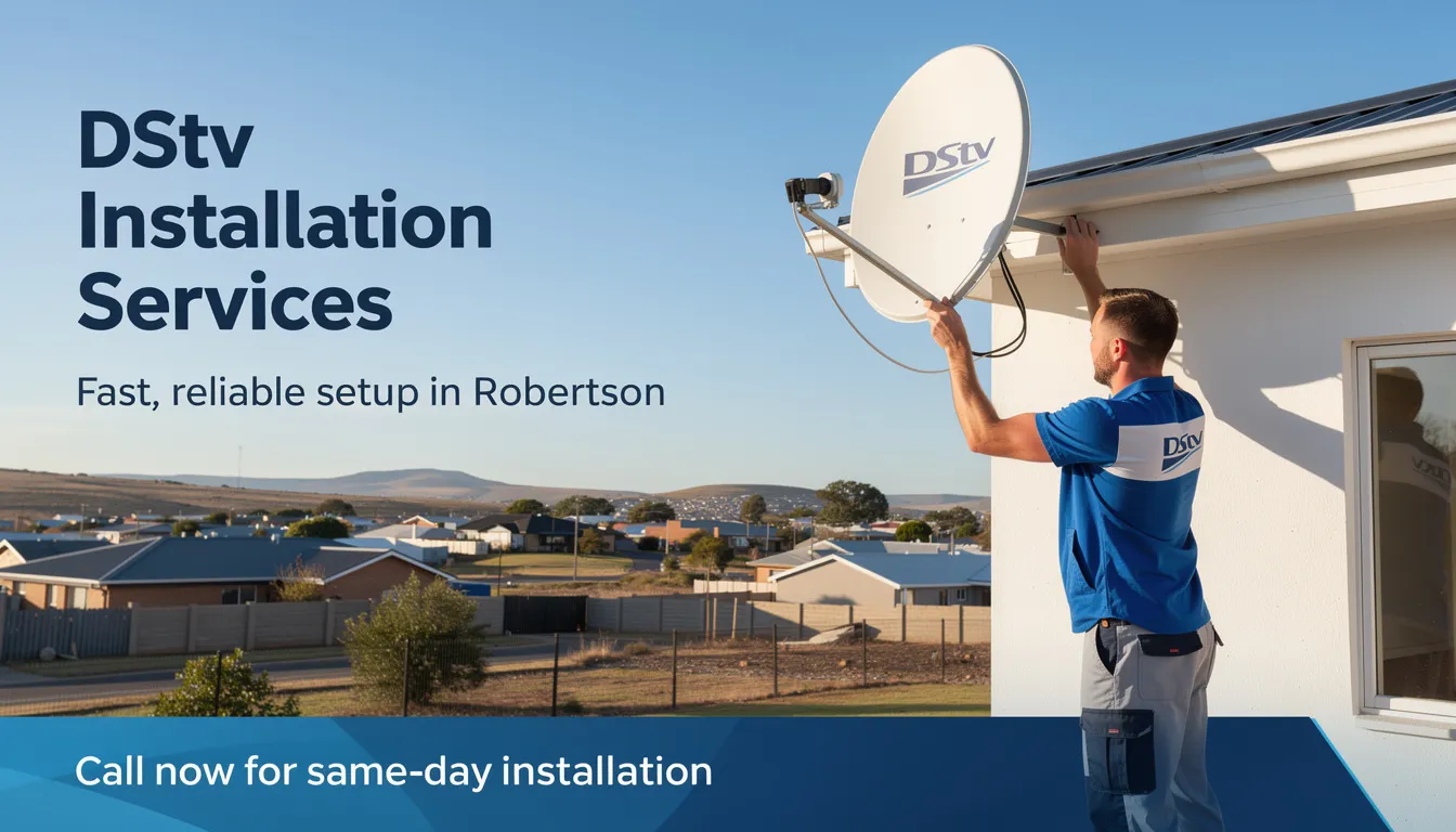 The image depicts a professional technician performing a DStv installation service in Robertson, showcasing a satellite dish being mounted on a residential home. The technician is equipped with tools and equipment necessary for optimal signal strength and reliable installation, ensuring customers can enjoy their favorite shows with the best reception.