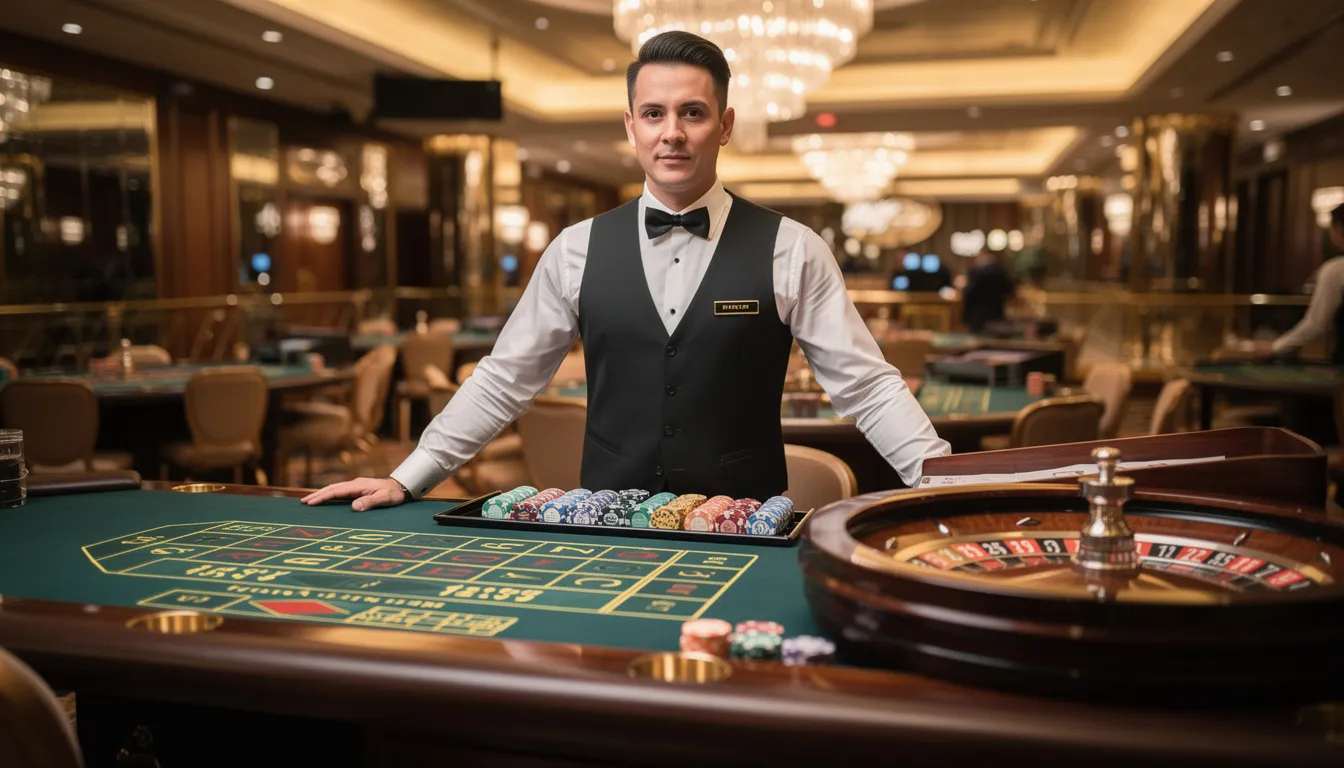 En professionell dealer står vid ett casinobord med roulette, redo att leda spelet för spelare. Bordet är prytt med färgglada marker och en snurrande roulettehjul, vilket skapar en spännande atmosfär för de som vill spela hos Campobet.