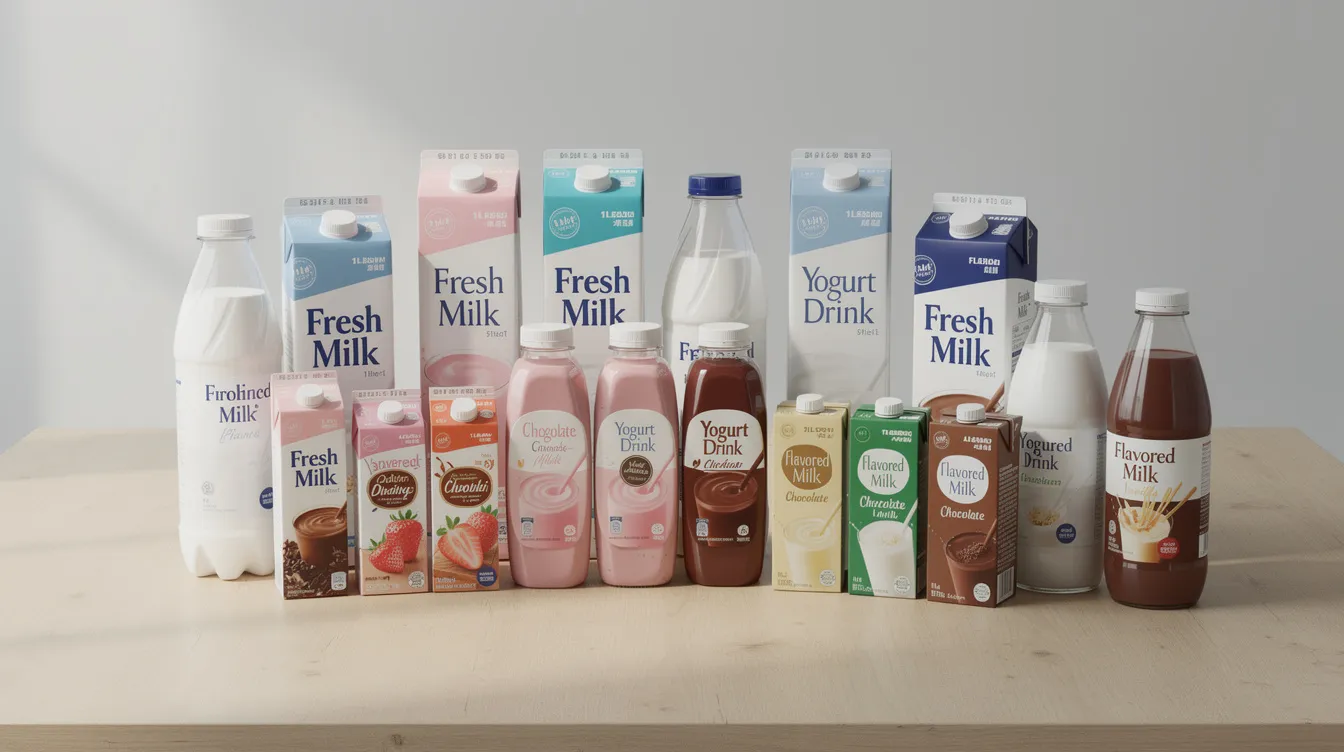 The image showcases a colorful assortment of various dairy beverages, including flavored milk and fermented dairy drinks, displayed in different pack sizes on a table. This vibrant arrangement highlights the diversity of dairy products available in the beverage market, appealing to health-conscious consumers and reflecting the growing demand within the dairy industry.