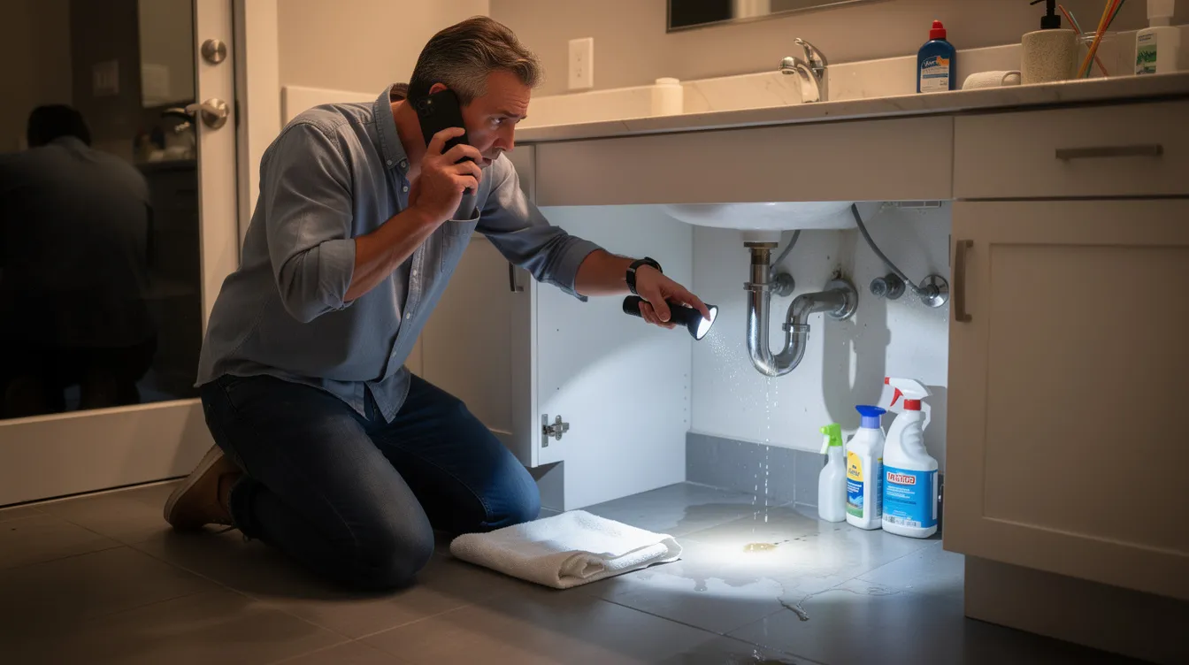 A homeowner is on the phone discussing plumbing services while using a flashlight to inspect under a bathroom sink, possibly addressing a plumbing issue such as a leaky faucet. This scene highlights the importance of having a licensed plumber for emergency plumbing repairs and understanding average plumbing costs for effective maintenance.