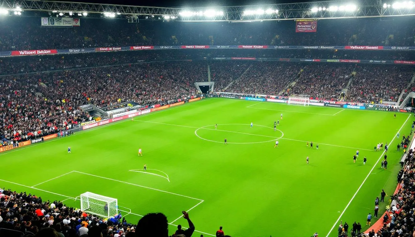 Im Bild ist die Innenansicht des Volksparkstadions wรคhrend eines Fuรballspiels zu sehen, mit gefรผllten Rรคngen voller begeisterter Fans. Die Tribรผnen sind lebhaft und die Dachkonstruktion des Stadions ist deutlich sichtbar, wรคhrend die Zuschauer das Heimspiel des Hamburger SV genieรen.