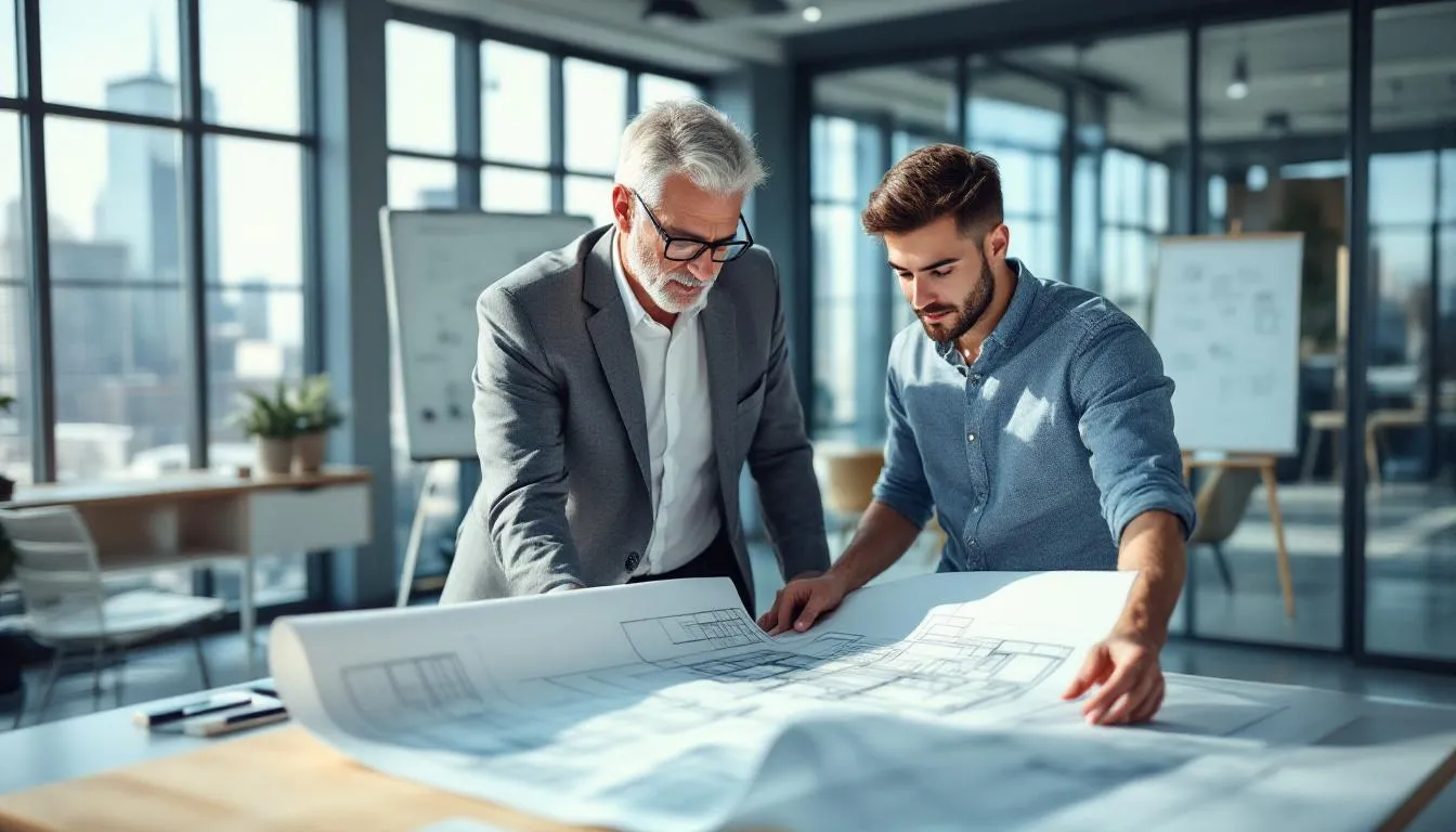 An experienced architect is mentoring a younger colleague by reviewing architectural plans together in a collaborative setting, showcasing a positive growth mindset and effective business communication. The scene emphasizes teamwork and the importance of self-motivation techniques in achieving professional development and success.