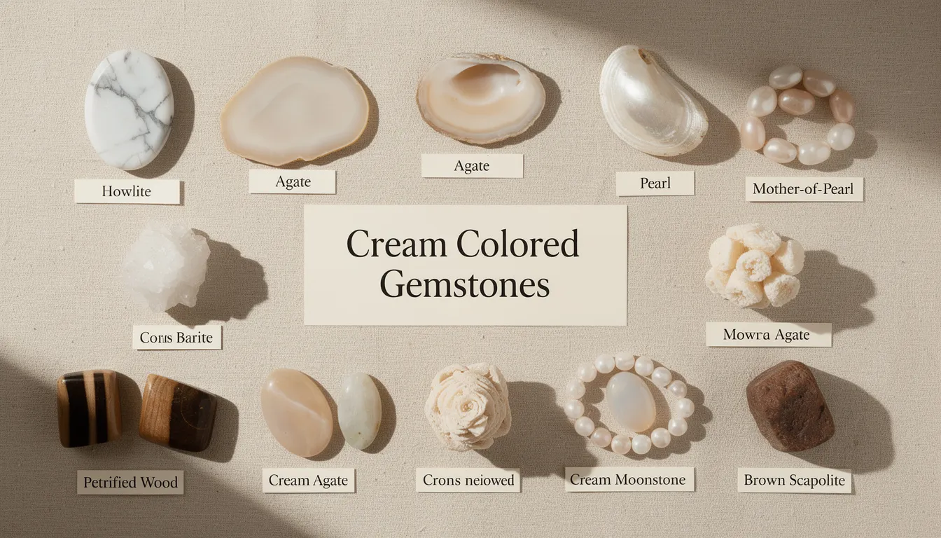 The image showcases a variety of cream-colored gemstones, including cream agate, howlite, and cream moonstone, each displaying unique textures and shades of beige. These beautiful gemstones are often associated with emotional calm, stability, and spiritual growth, making them popular choices for both decorative items and personal amulets.