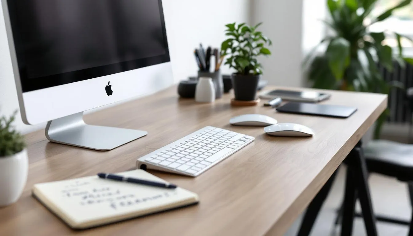 Ein gut organisierter Arbeitsplatz ist in der Mitte des Bildes zu sehen, mit einem aufgeräumten Schreibtisch, der verschiedene Arbeitsgegenstände und Unterlagen enthält. Die strukturierte Arbeitsorganisation, ein klarer Rahmen und eine eindeutig definierte Arbeitsaufgabe unterstützen effizientes Arbeiten und fördern die Zusammenarbeit im Team.