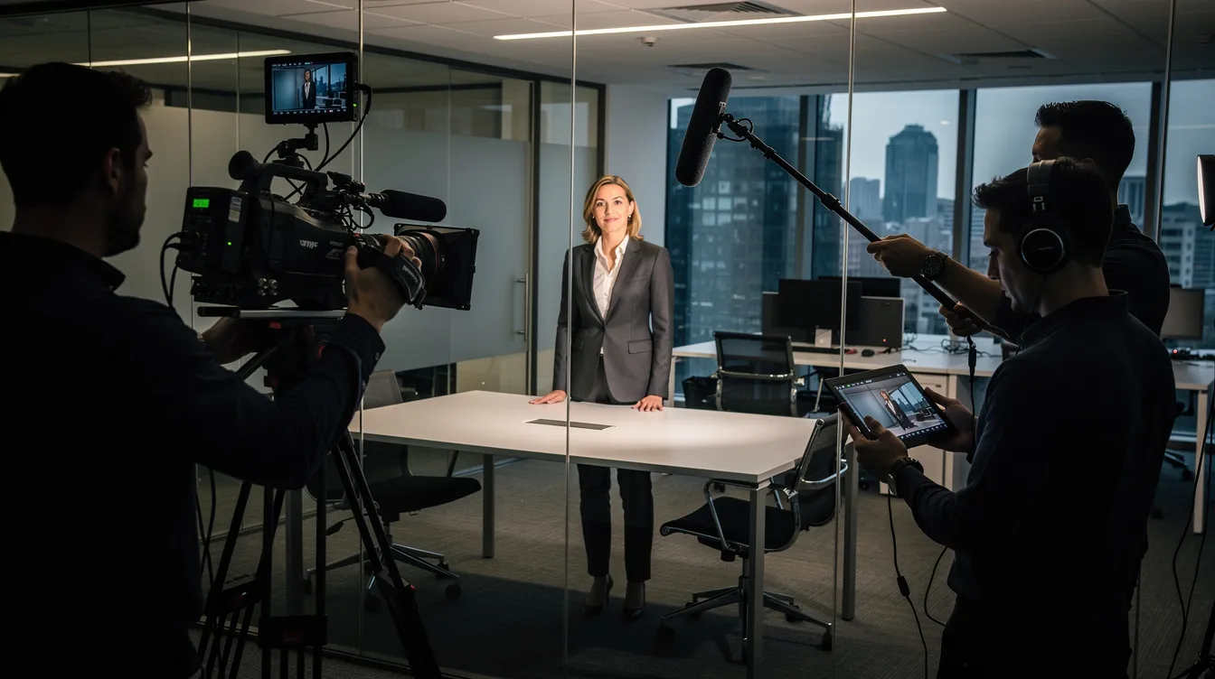 A professional video crew is filming a corporate video production in a modern office, illuminated by dramatic lighting, showcasing the company culture and values to engage audiences effectively. The scene captures the crew in action, highlighting the importance of high-quality video content for brand awareness and internal communications.